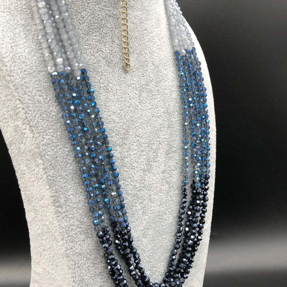 Glass Multi Strand Necklace Long Ombre Blue AB Faceted Bead Boho Gold Tone Chain